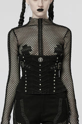 Schwarzes Gothic-Korsett mit Metall-Totenkopf und Schnürung für Damen von Doomsday